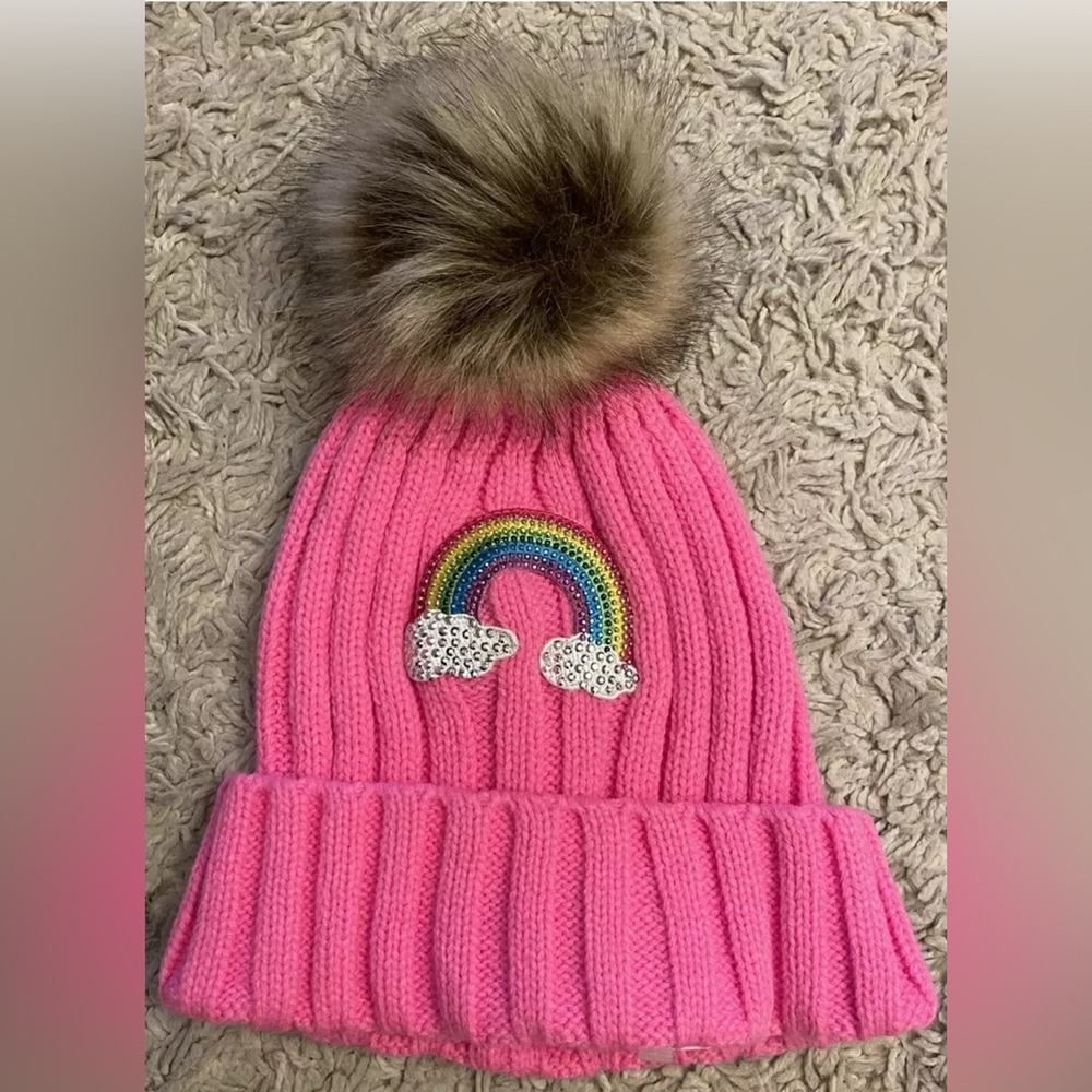 DENNY’S pink pom beanie rainbow dazzle hat NWT kids osf